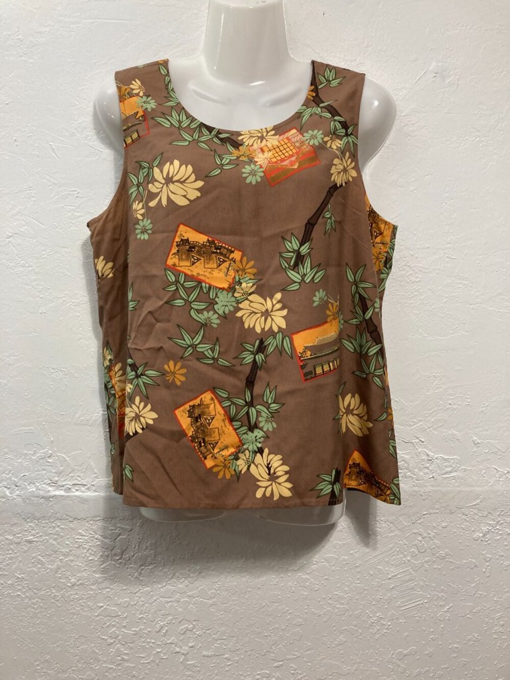 JPR Pure Silk Tank Top Novelty Asian-inspired print 90s Y2K Naturecore Brown M